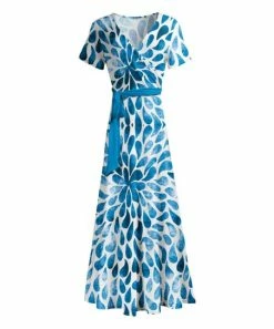 Lily | Blue & White Teardrop Tie-Waist Surplice Maxi Dress - Women