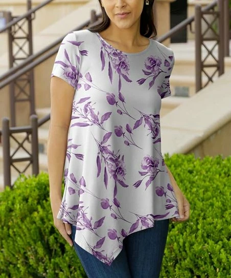 Lily | White & Purple Floral Handkerchief Tunic - Women 1 Lily | White & Purple Floral Handkerchief Tunic - Women