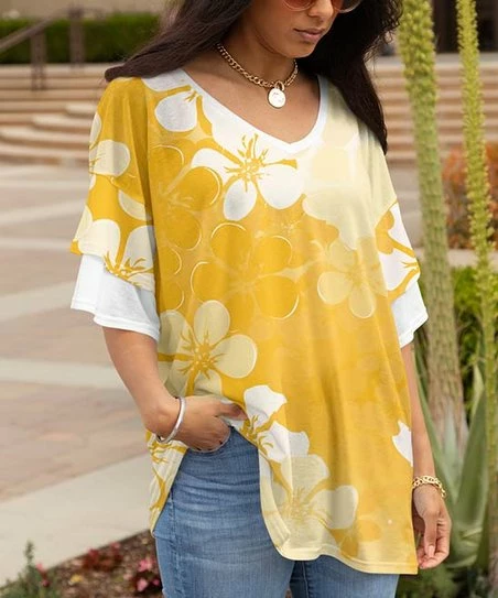 Lily | Yellow & White Floral Ruffle-Sleeve Tunic - Plus 1 Lily | Yellow & White Floral Ruffle-Sleeve Tunic - Plus