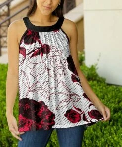 Lily | Black & Red Floral Dots Sleeveless Yoke Tunic - Women