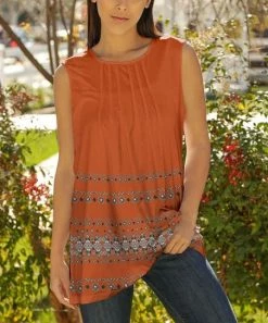 Lily | Orange & White Geometric Stripe Pleated Sleeveless Tunic - Plus