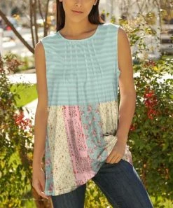 Lily | Yellow & Mint Stripe Floral Pleated Sleeveless Tunic - Women
