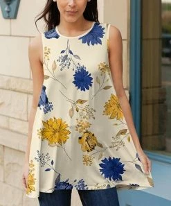 Lily | Yellow & Blue Floral Sleeveless Tunic - Women