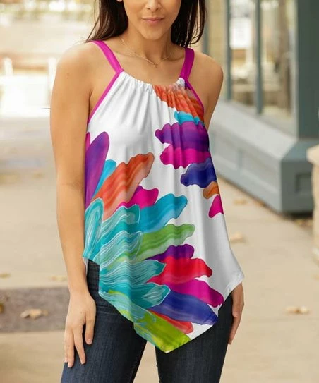 Lily | Fuchsia & Aqua Floral Gathered Sleeveless Tunic - Plus 1 Lily | Fuchsia & Aqua Floral Gathered Sleeveless Tunic - Plus