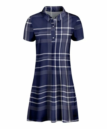 Lily | Navy & White Plaid Collard Button-Front T-Shirt Dress - Women 1 Lily | Navy & White Plaid Collard Button-Front T-Shirt Dress - Women