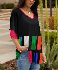 Lily | Black & Pink Geometric Layered-Sleeve V-Neck Tunic - Plus