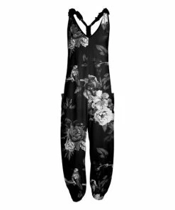 Lily | Black & Gray Floral Pocket Racerback Jumpsuit - Plus