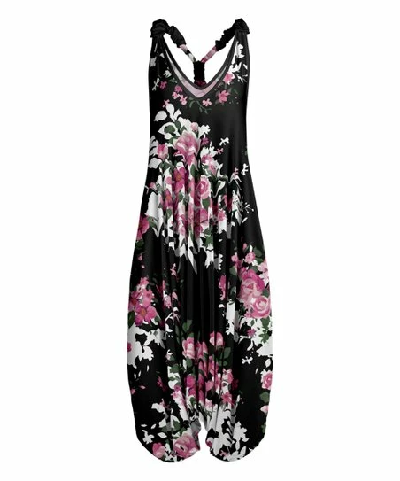 Lily | Black & Pink Floral Racerback Harem Jumpsuit - Women 1 Lily | Black & Pink Floral Racerback Harem Jumpsuit - Women