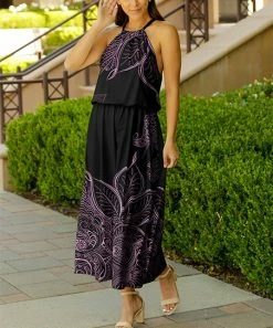 Lily | Black & Pink Floral Outlines Blouson Halter Maxi Dress - Women