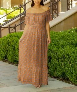 Lily | Orange & Gray Floral Off-Shoulder Maxi Dress - Plus