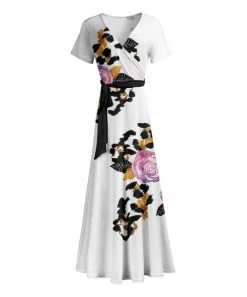 Lily | White & Pink Floral Tie-Waist Surplice Maxi Dress - Plus
