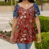 Lily | Blue & Red Ornate Floral V-Neck Tunic - Plus
