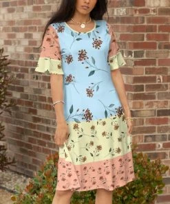 Lily | Yellow & Blue Patchwork Ruffle-Cuff Midi Dress - Women