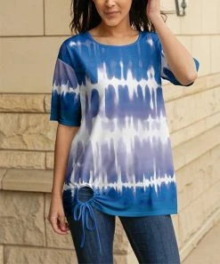 Lily | Dark Blue & White Tie-Dye Drawstring-Accent Short-Sleeve Tunic - Plus