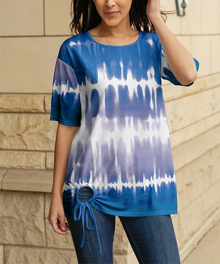 Lily | Dark Blue & White Tie-Dye Drawstring-Accent Short-Sleeve Tunic - Plus 1 Lily | Dark Blue & White Tie-Dye Drawstring-Accent Short-Sleeve Tunic - Plus