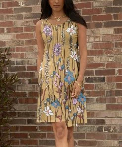 Lily | Brown & Blue Floral Pleated Sleeveless Dress - Women