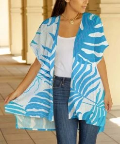 Lily | White & Blue Tropical Leaf Kimono - Women & Plus