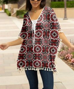 Lily | Black & Red Arabesque Fringe-Accent Poncho - Plus