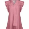 Lily | Pink Floral Tie-Neck Flutter-Sleeve Top - Women