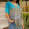 Lily | Turquoise & Orange Geometric Ruffle-Accent V-Neck Tunic - Women