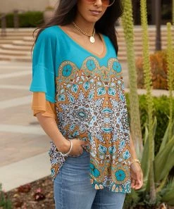 Lily | Turquoise & Orange Geometric Ruffle-Accent V-Neck Tunic - Women