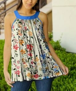 Lily | Cream & Blue Floral Sleeveless Tunic - Plus