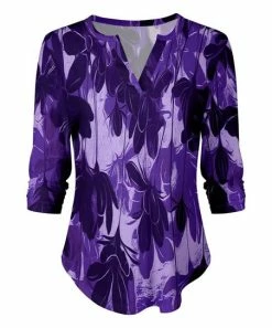 Lily | Purple & Lavender Abstract Three-Quarter Sleeve Notch Neck Top - Women