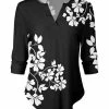Lily | Black & White Floral Three-Quarter Sleeve Notch Neck Top - Women