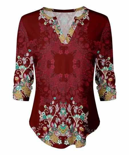 Lily | Red & Olive Abstract Three-Quarter Sleeve Notch Neck Tunic - Women 1 Lily | Red & Olive Abstract Three-Quarter Sleeve Notch Neck Tunic - Women