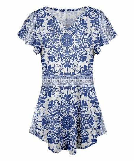 Lily | Blue & White Abstract V-Neck Flutter-Sleeve Tunic - Women 1 Lily | Blue & White Abstract V-Neck Flutter-Sleeve Tunic - Women