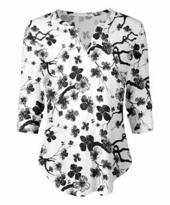 Lily | Black & Gray Floral Three-Quarter Sleeve Notch Neck Tunic - Women