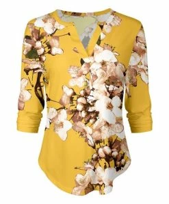 Lily | Yellow & Beige Floral Three-Quarter Sleeve Notch Neck Tunic - Women