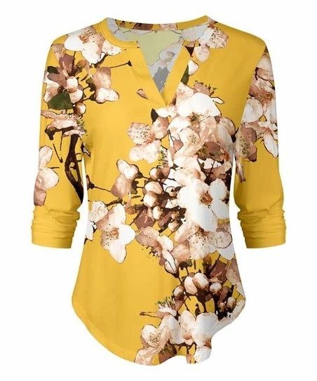 Lily | Yellow & Beige Floral Three-Quarter Sleeve Notch Neck Tunic - Women 1 Lily | Yellow & Beige Floral Three-Quarter Sleeve Notch Neck Tunic - Women