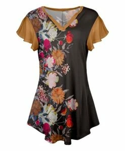 Lily | Gray & Brown Floral V-Neck Flutter-Sleeve Tunic - Women