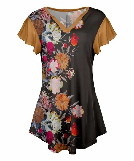 Lily | Gray & Brown Floral V-Neck Flutter-Sleeve Tunic - Women 1 Lily | Gray & Brown Floral V-Neck Flutter-Sleeve Tunic - Women