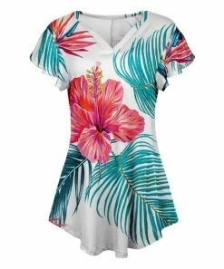 Lily | Pink & Teal Floral V-Neck Flutter-Sleeve Tunic - Women