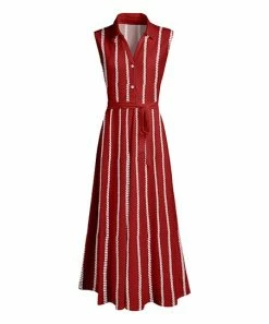 Lily | Red & White Rope Stripe Tie-Waist Sleeveless Shirt Dress - Plus