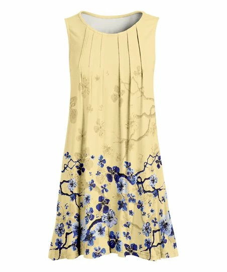 Lily | Yellow & Blue Floral Pleated Sleeveless Tunic - Women 1 Lily | Yellow & Blue Floral Pleated Sleeveless Tunic - Women