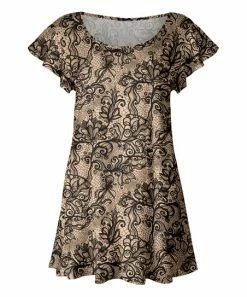 Lily | Beige & Black Floral Scrollwork Flutter-Sleeve Tunic - Plus