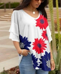Lily | White & Blue Floral Layered Half-Sleeve V-Neck Tunic - Women