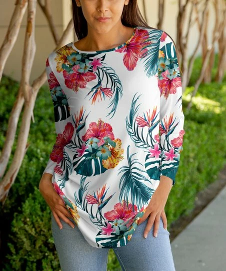 Lily | Teal & Pink Tropical Floral Long-Sleeve Tunic - Plus 1 Lily | Teal & Pink Tropical Floral Long-Sleeve Tunic - Plus