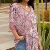 Lily | Mauve & White Floral Scrollwork Ruffle-Sleeve V-Neck Tunic - Plus