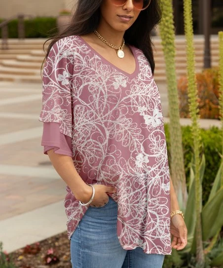 Lily | Mauve & White Floral Scrollwork Ruffle-Sleeve V-Neck Tunic - Plus 1 Lily | Mauve & White Floral Scrollwork Ruffle-Sleeve V-Neck Tunic - Plus