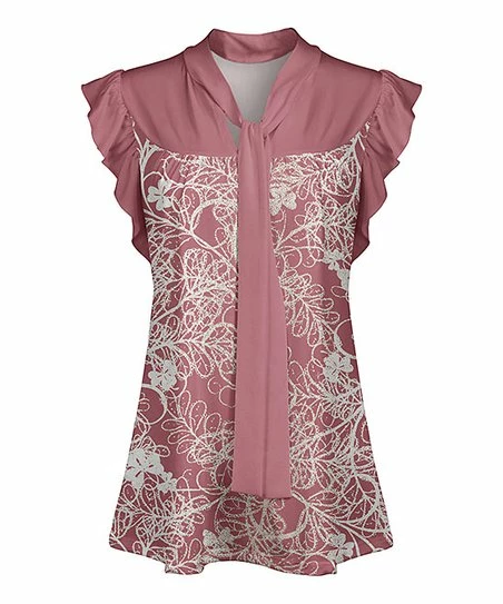 Lily | Pink & White Floral Tie-Front Flutter Sleeve Tunic - Women 1 Lily | Pink & White Floral Tie-Front Flutter Sleeve Tunic - Women