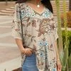 Lily | Beige & Blue Blossom Ruffle-Sleeve V-Neck Tunic - Women