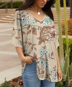 Lily | Beige & Blue Blossom Ruffle-Sleeve V-Neck Tunic - Women