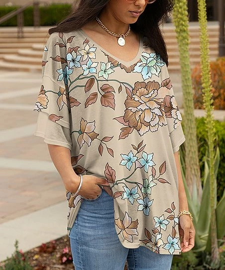 Lily | Beige & Blue Blossom Ruffle-Sleeve V-Neck Tunic - Women 1 Lily | Beige & Blue Blossom Ruffle-Sleeve V-Neck Tunic - Women