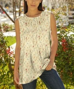 Lily | Cream & Red Floral Pleated Sleeveless Tunic - Plus