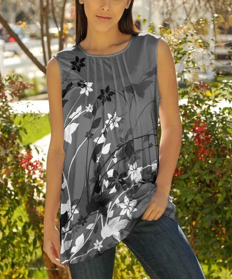Lily | Gray & Black Floral Pleated Sleeveless Tunic - Women 1 Lily | Gray & Black Floral Pleated Sleeveless Tunic - Women