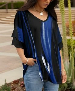 Lily | Black & Blue Abstract Layered-Sleeve V-Neck Tunic - Women & Plus